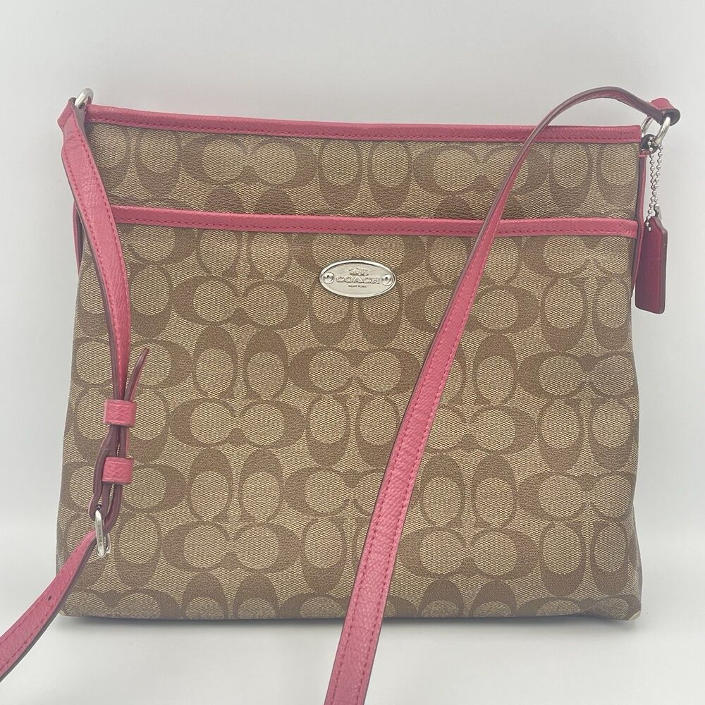 Coach F34938 Signature File Leather Crossbody Bag Khaki Pink Purse